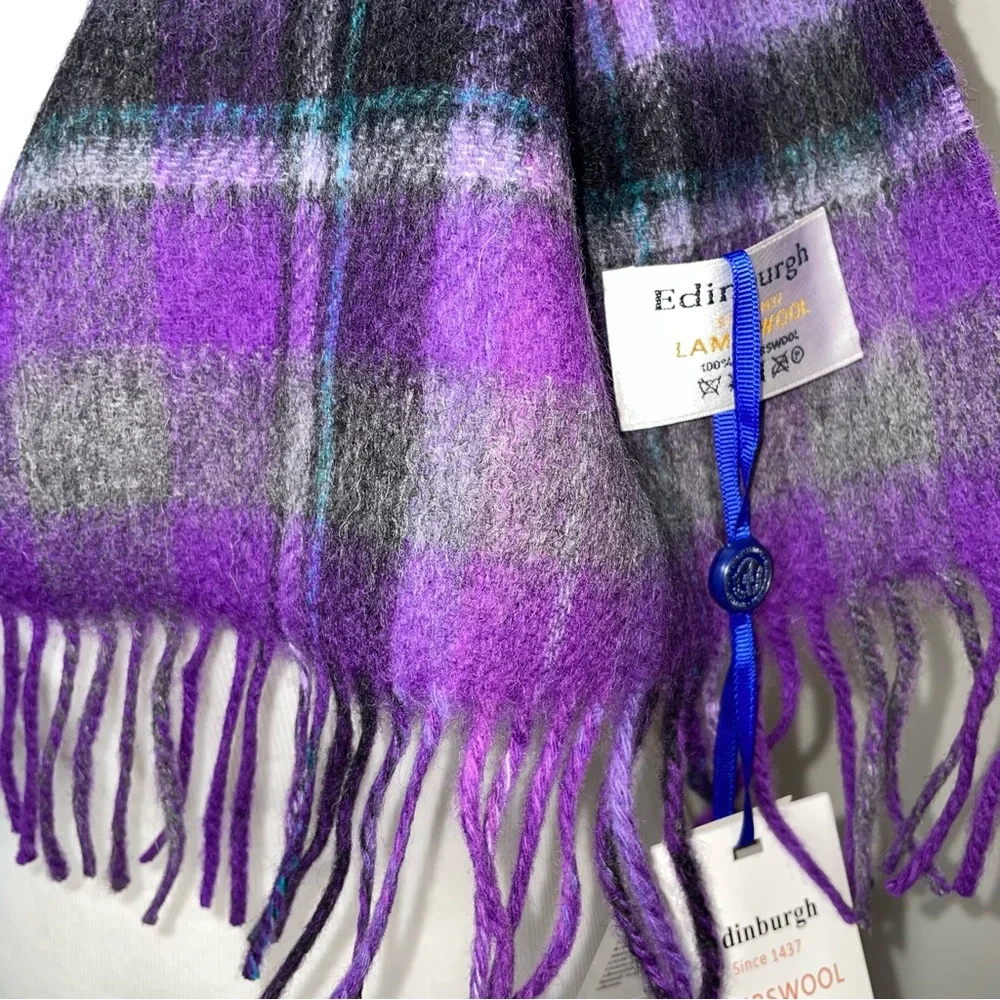 EDINBURGH Lambswool Scarf  Purple Gray Plaid Reversible Fringe NWT - Picture 6 of 8